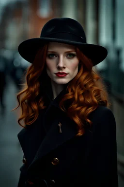 symmetry!! ultra realistic photo of ginger hair girl!!, face like Jessica Chastain, slightly smiling, red lips, beautiful natural green eyes, she is on a street in Ireland, it is winter, she is wearing a hat, black coat and leather boots, highly detailed, photo, realistic, no blur