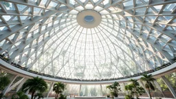 A massive dome-shaped structure with a smooth, curved surface and intricate, web-like window patterns. The dome is constructed from advanced, transparent materials that filter sunlight, creating a serene and otherworldly indoor oasis. Award-winning photograph, beautiful composition, exquisite detail and illumination