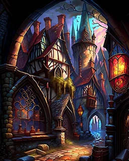 medieval fantasy cobblestone town with stained glass window buildings fairytale rpg art