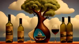 hybrid anamorphic trompe l'oeil winebottle with fishbowl full of cloud dreaming a tree thinking a sailship exhalating a bird with electric paws