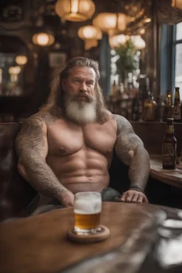 full body shot photography of a burly tired muscular beefy stocky viking tattoed 48 years old, lying down relaxing on a table full of glasses of beer, in irish pub, manly chest, shirtless, hairy torso, dressed wth traditional dress,, long hair, long beard, emotive eyes, big shoulders, ambient occlusions, photorealistic , aerial view