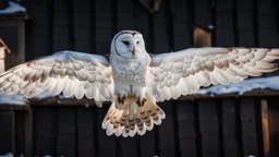 angel's view back to the camera a barn owl flying over a small winter village, snowy landscape, little light, sunrise, some small Hungarian old country houses from above, perspective, high detailed, sharp focuses, photorealistic, cinematic