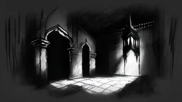 sketch of a scary dark room in an Omani dark castle and white background