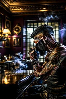 symbol for gazillion, scary tattooist in high end parlor, smoke, mist, lightrays, depth of field, photography