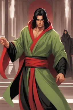 Full Muscluar Body, Male Tan Human, Sith, Red Blindfold, Green and Black Robes, Handsome face, Black hair.