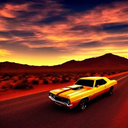 muscle car, desert road, sunset, full colour,