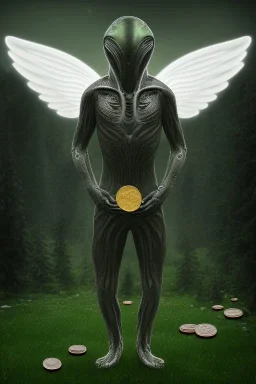 running alien portrait , black jogging suite , in the night Alps , holding leaves and coins , angels background, volumetric light, high detail, dark leaf tree, dark mountains in background, perfect, HR Giger style