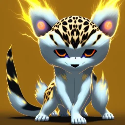 An electric type, Cheetah pokemon, with big width eyes. Lightning bolt shape long whiskers. Yellow and white fur coverd with blotchy black spots and white paws