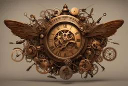 steampunk clock surrounded by cogs and springs, metal insects with wings