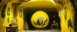 A yellow cave with a round electrical yeti designed in ancient Greek pottery painted by Cai Jia