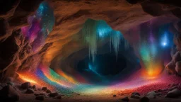 dream world, massive warm underground cavern, thousands of tiny multicoloured gemstones, twinkling lights, calm beauty, fantasy world, magic, night, darkness, splendor, uplifting, inspiring, therapeutic, chiaroscuro, color, award-winning colour photograph, beautiful composition, Nikon 85mm