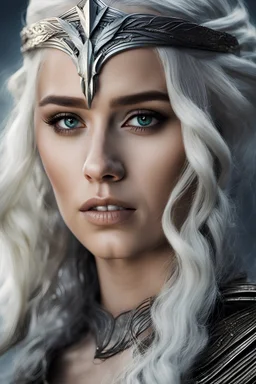 Daenerys Targaryen with intense topaz eyes, ethereal, silver hair with stripes , raw photo, very detailed with intricate details, realistic, natural colors, perfect composition, insanely detailed, volumetric light