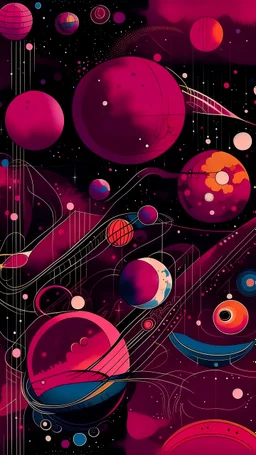 A dark magenta galaxy with planets designed in medieval tapestry painted by Wassily Kandinsky