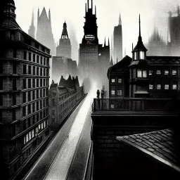 Bridge on rooftops Gotham Metropolis,European Neogothic imperial city, uphill Road, 1900s photograph, 8K resolution, #film, diffuse light,German noir,matte painting,chaos city, traffic,BioShock