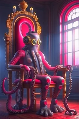 portrait of cyborg robot octopus chatbot smoking a sigar on a throne in medieval castle, smoke, 4k, downlight, soft light, depth of field, photorealism