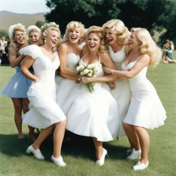 [high res photo by Russ Meyer] at her wedding, the blonde bride is surrounded by her bridesmaids, who tickle her endlessly. the bride writhes on the grass, laughing as the bridesmaids tickle her everywhere.