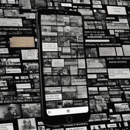 A glitchy video message on a smartphone screen, with fragmented words and disjointed images, symbolizing the call to adventure.The protagonists staring at the screen, a mix of curiosity and unease on their face. [William S. Burroughs' "The Electronic Revolution"]