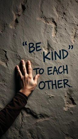 A hand writing On cave wall written “BE KIND “ “ TO EACH OTHER “ , an old man with bear and king hair wrote by the cave wall , a dim lighting great quality picture with primitive style