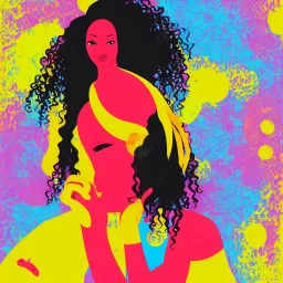 Portrait of beautiful black woman, illustration, bright colors, long hair