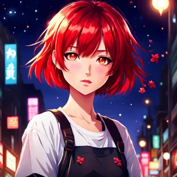2dcg,anime art style,red short hair cute girl,tomboy,badass,light color,blooming,night,don't show hands