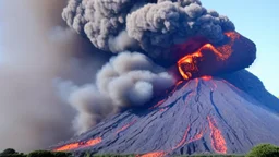 Massive volcano erupting with smoke and fire and ash