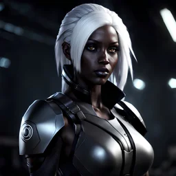 Attractive young female drow wearing a scifi bodysuit, post-apocalyptic background, dark eyeshadow, white hair, anime style, video game character, unreal engine, trending artstation, trending deviantart