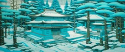 A cyan Japanese winter village with a bathhouse designed in ancient Greek pottery painted by Frank Lloyd Wright