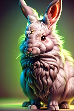 Ultra realistic cg rendering of a "Boris Valejo" style illustration, gentle Rabbit monster , rainbow fur ,licorn horn , gold claws ,childhood .