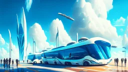 alien bus station, electric buses, with many people waiting, tall buildings in the background, futuristic cars, blue sky, white clouds