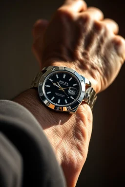 A hyper-realistic, A close-up of a man's hand, the Rolex watch glinting in the light., full size, Photo Real, 64k
