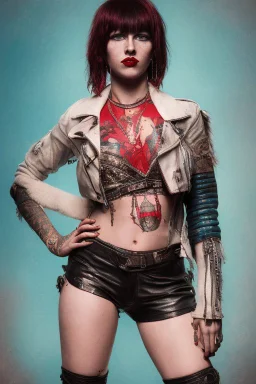 photo of a beautiful Polish young punk woman taken by a Mamiya M645 camera with portrait lens on colour medium-format film, red lips, blue eyes, red mohawk, black leather jacket, Ramones style, heavy boots, fishnet stockings, torn t-shirt, nosering, few earrings, belly ring