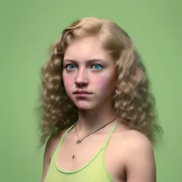 portrait of a teenager girl with blonde curly hair and green eyes