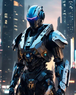 Create an image of a Cyberpunk Robot in a highly detailed and advanced armored suit, similar to the one shown but with even more intricate designs and cool features. The armor should have a sleek, futuristic look with glowing elements and enhanced gadgets visible on the suit. The setting is at dusk in an urban environment, with the character standing on a high-rise building overlooking a futuristic cityscape that reflects the advanced technology of the world they are protecting.