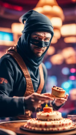 portrait of wilderness ninja baking the highest cake during a casino game show, bokeh like f/0.8, tilt-shift lens 8k, high detail, smooth render, down-light, unreal engine, prize winning