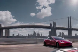 A Tesla 'Model S' is racing at top speed, near the 'Pier 11' in Manhattan. (CINEMATIC, WIDE ANGLE LENS, PHOTO REAL)