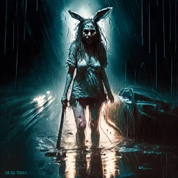 sytlish digital illustration, disheveled soaking wet woman in bunny costume with limp ears in middle of the road illuminated by headlights, dragging an ax, Dramatic, heavy rain, creepy, complex contrast, dynamic composition, scary, horror movie