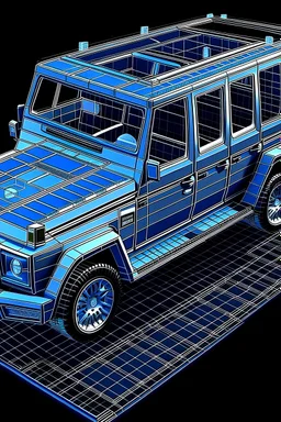 make a blueprint desgin of a g wagon with turbine function behind the car and solar panels in the roof of the car for energy