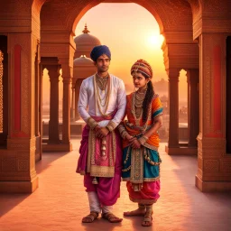 Hyper Realistic Photographic-Zoomed-View Of Rajasthani Brother & Sister With A Traditionally Rajasthani Attire Standing Inside a Rajasthani-Palace Dramatically & Happily Looking At Sunset showing dramatic & cinematic ambiance.