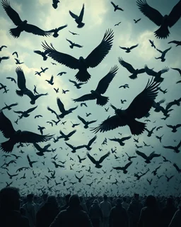 Bosch, nightmare , people in hell , dramatic, great quality picture with cinematic scenes , clouds in the background, black birds fill the backgrounds black birds hovering in circles, black birds small from a distance covering the whole background, people are running in fear the birds attacking the people and took them in the crowded sky