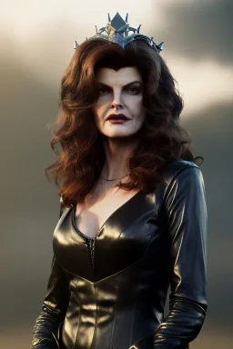 younger Rene Russo as evil queen in leather, cleavage, angry, stern look, unreal 5, octane render,cinema4d, dynamic lighting, dramatic lighting, 4k, redshift render, highly detailed, hyper realistic