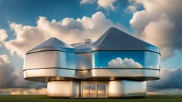 a high photorealistic futuristic unique metal house floats in sky between big clouds, high textures, blue sky, sunshine, Professional photography, bokeh, natural lighting, canon lens, shot on dslr 64 megapixels sharp focus, stunnig