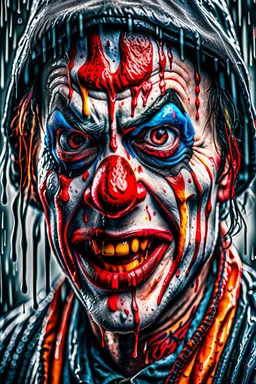 ultra detailed and highly realistic image of a gothic, scary clown, close up of him standing in the rain, the rain messed up his face makeup as it smudged of his face, chaotic, dramatic upclose view, 32k, splatter paint style