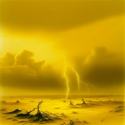 A light yellow foggy sky with lightning clouds painted by Salvador Dali