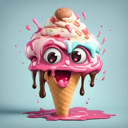 Cartoon ice cream character melting with eyes and a mouth that looks dumb, unhappy and angry