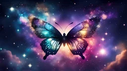 butterfly flying in space , glitter, galaxy back round, shimmer, magical
