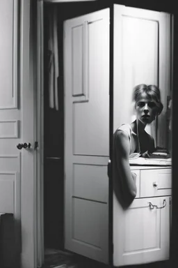 she stands within the confines of a closet, surrounded by a cabinet of curiosities. These evocative creations capture a melancholic mood, photorealist, revealing the inner struggle of a soul torn between her desire for freedom and the weight of her own uniqueness. Shoot by a leica camera by Cartier-Bresson, very low contrast