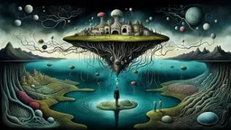dreamlike inner world with uncontrolled mind and neurodivergens soul, alone human floating island over surreal weird landscape . island with deep dark colors. Whimsical strange style of Chagall, of Quentin Blake, and Yoshitaka Amano of Anton Semenov. weird absurd beauty nightmare, in background neuronic network, Whimsical surreal vibe, cinematic