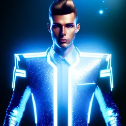 Handsome galactic man, glitter blue and white tron suit with jewels, blond hair, blue eyes, cinematic lights, full details, hight quality, unreal engine 5, 4k, cosmic stars background