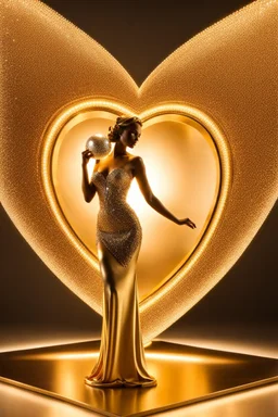 A magnificent cristal and gold heart-shaped sign adorned with a stunning berliant sphere encrusted with sparkling diamond clusters at its center, elegantly spinning in position,a golden statue of a girl in standing pose