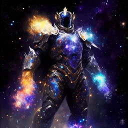 A battle suit made of galaxies and stars with a glove that has seven endless stones Battle armor from the extract of galaxies Battle armor from the extract of galaxies with a fiery sword ,God-like man with ,infinite power who owns the galaxies and wears a beautiful crown,The Lord of the Galaxies with an unending force in absolute power